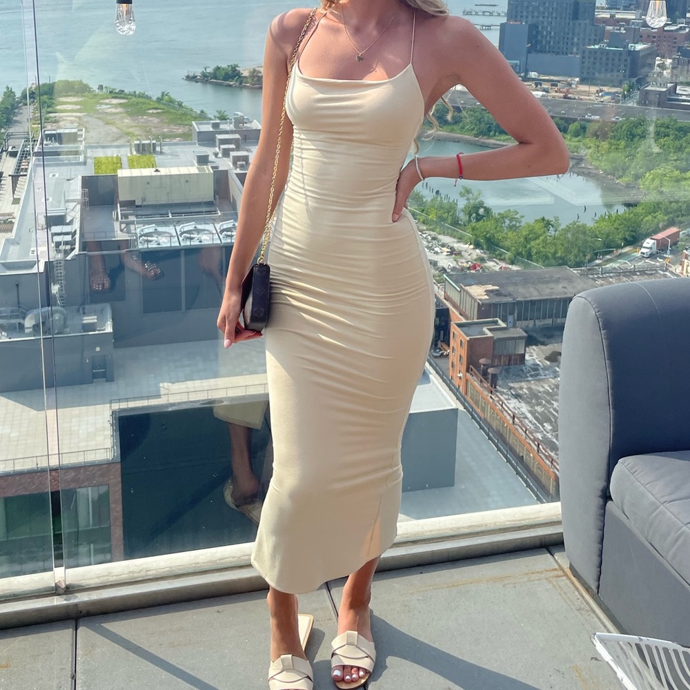 Oh Polly LOW PROFILE 
BACKLESS MAXI DRESS IN BEIGE